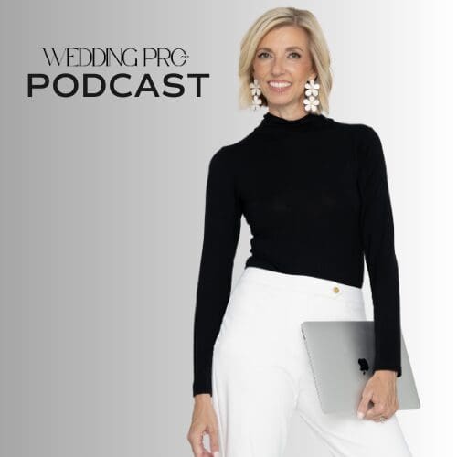 Host Brandee Gaar in a black long sleeve top and white pants holding a silver computer.