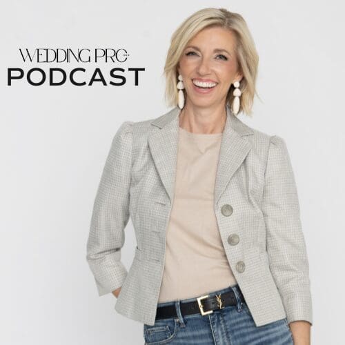Brandee in a blouse and jacket. Wedding Pro CEO podcast logo