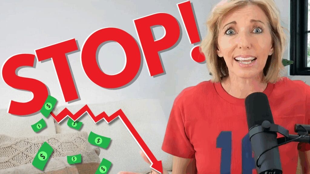 Brandee with a concerned expression, in a red shirt. Microphone in front of her. Text in red says, STOP! Red graph line crashing down as images of dollar bills are falling down.