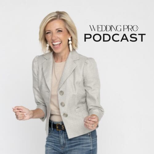 Host Brandee in a jacket and jeans expressing excitement with the wedding pro ceo podcast logo to her right.