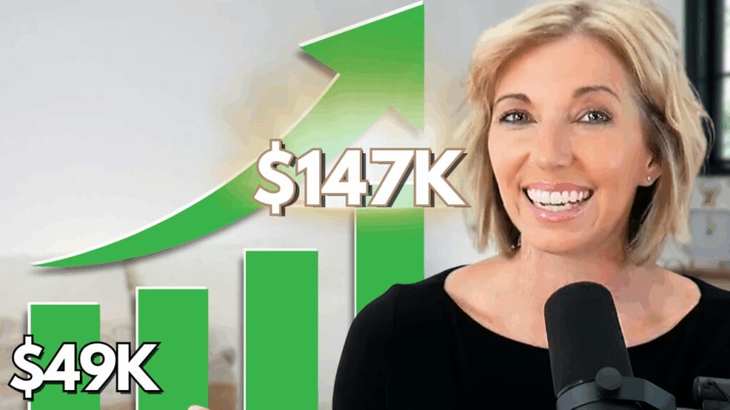 Host Brandee in a black shirt. To her left is a upward trending green graph. Pricing indicated is $49K increasing to $147K.